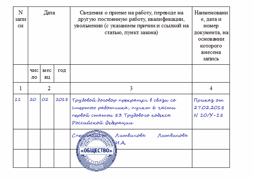 Запись в трудовой книжке об увольнении в связи со смертью. Запись в трудовой книжке об увольнении смерть работника. Смерть работника запись в трудовой книжке образец.