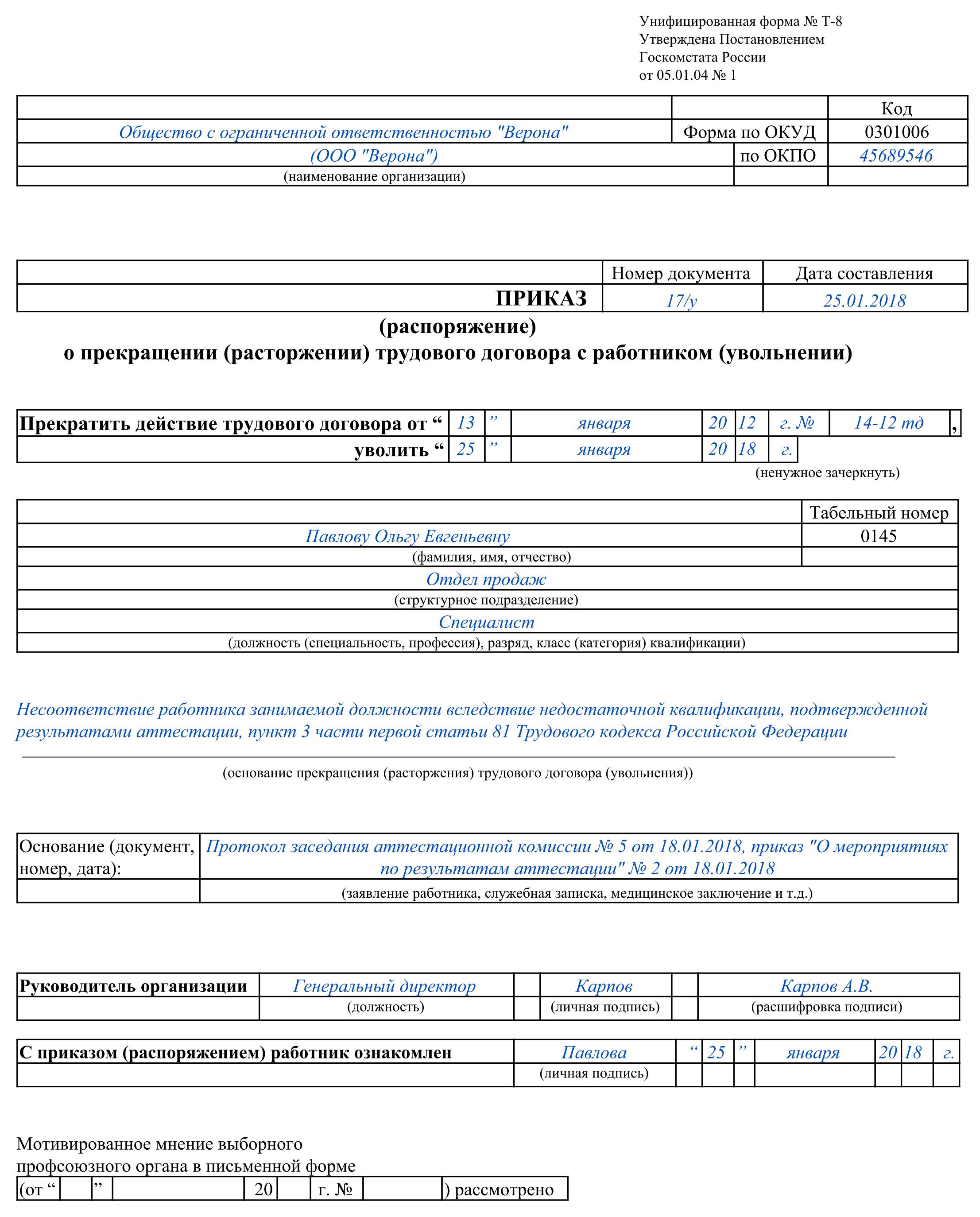 Пример приказа об увольнении 2024 года