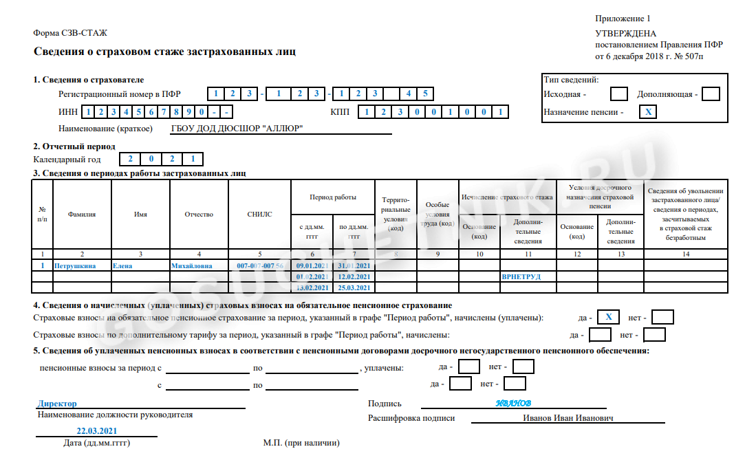 Заполнение сзв тд в 2024 году образец. Пример СЗВ стаж при увольнении. Сведения о стаже как заполнять. Отчет в пенсионный фонд СЗВ-стаж.