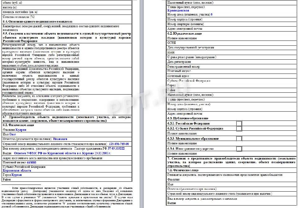 Декларация об объекте недвижимого имущества образец