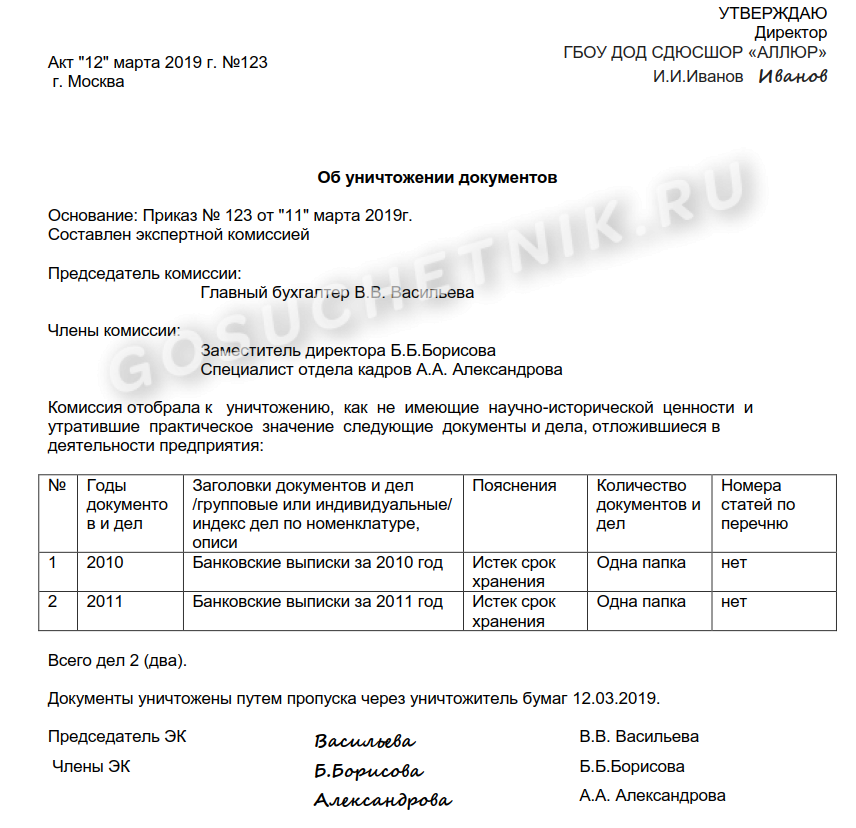 Протокол уничтожения документов