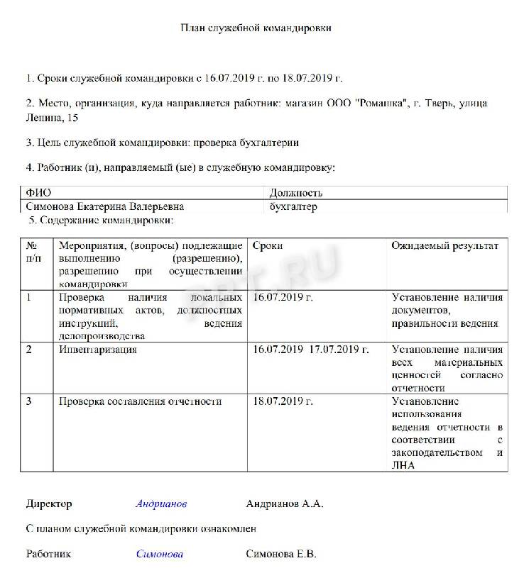 План деловой поездки руководителя