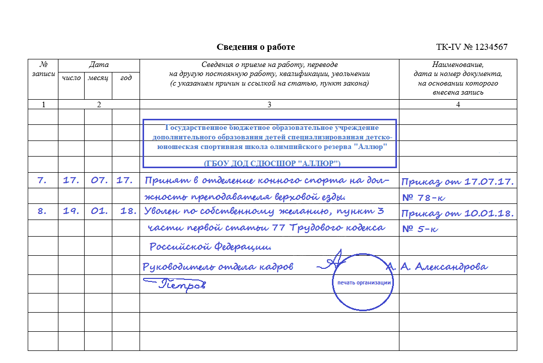 Увольнение работника по собственному желанию статья. Заполнение трудовой книжки уволен по собственному желанию. Заполнение трудовой книжки по увольнению по собственному желанию. Уволить по инициативе работника запись в трудовой книжке. Пример записи увольнения по собственному желанию в трудовой книжке.