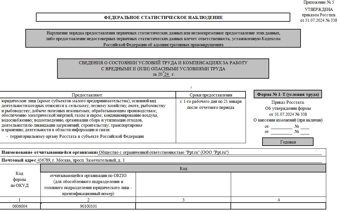 Титульный лист формы 1-Т (условия труда)