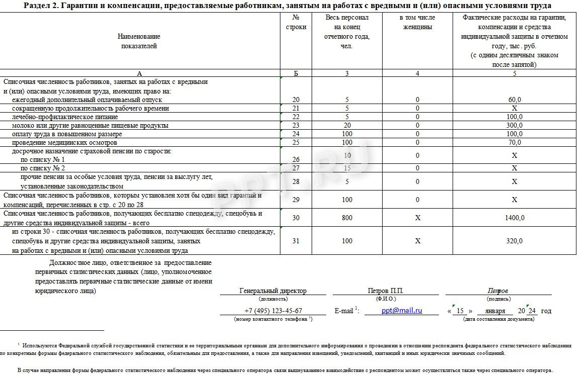 Образец заполнения формы 1-Т условия труда в статистику в 2023 году