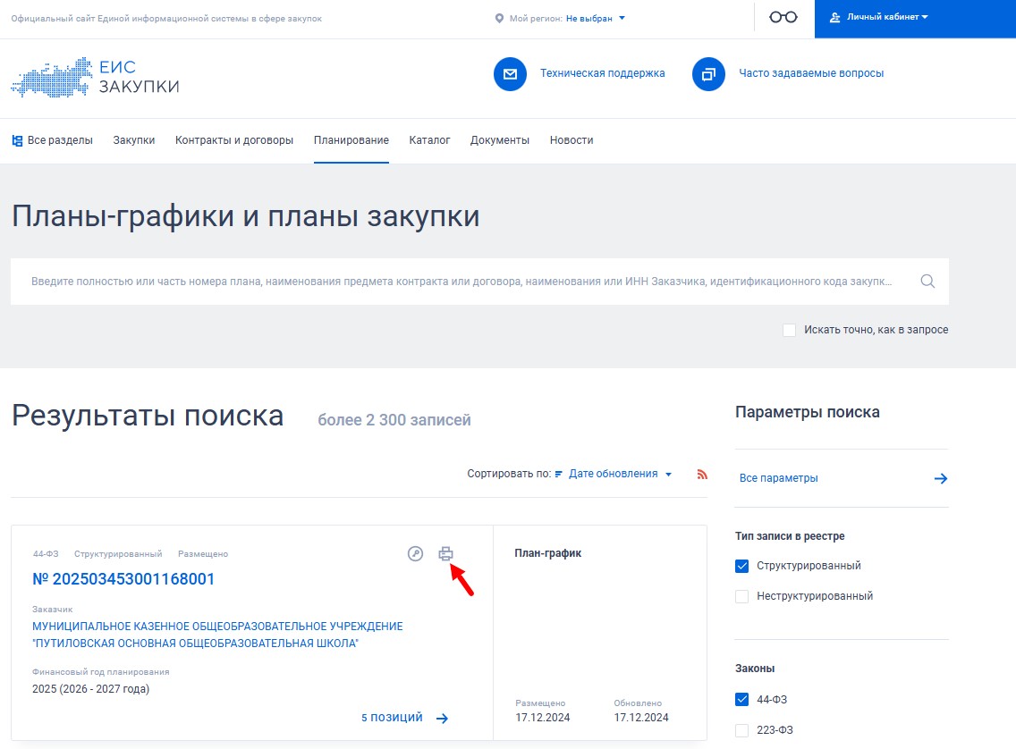 Печать плана-графика закупок в ЕИС