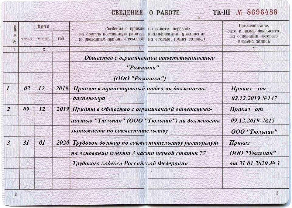 Кадровый перевод в трудовой книжке образец