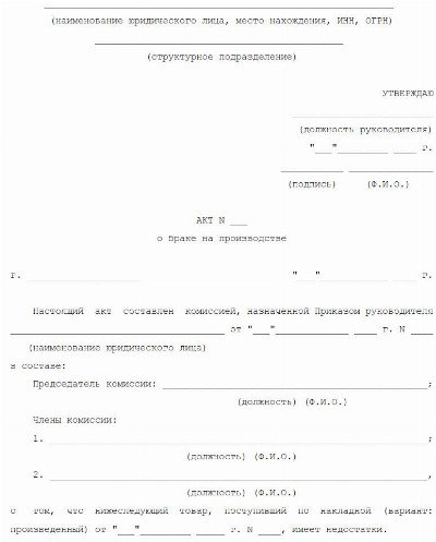 Акт о браке продукции на производстве образец