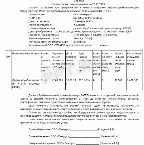 Справка о балансовой стоимости активов образец