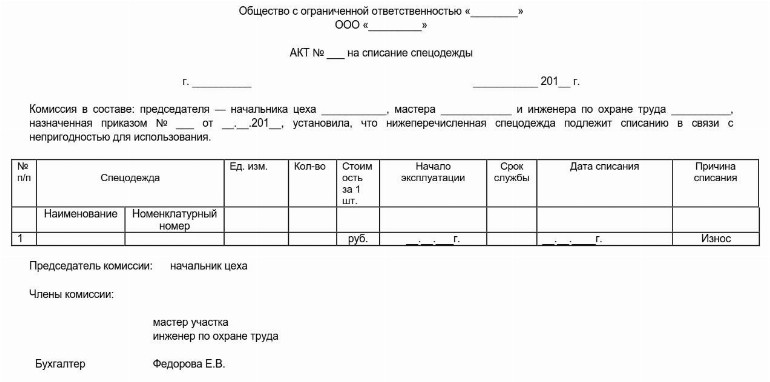 Акт на списание спецодежды образец