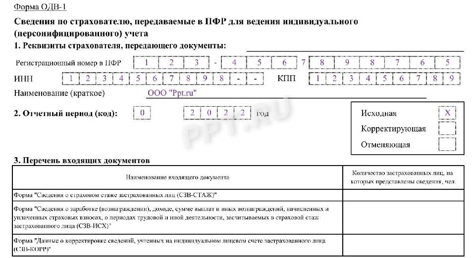 Форма одв 1 к сзв стаж заполнение в 2022 году образец