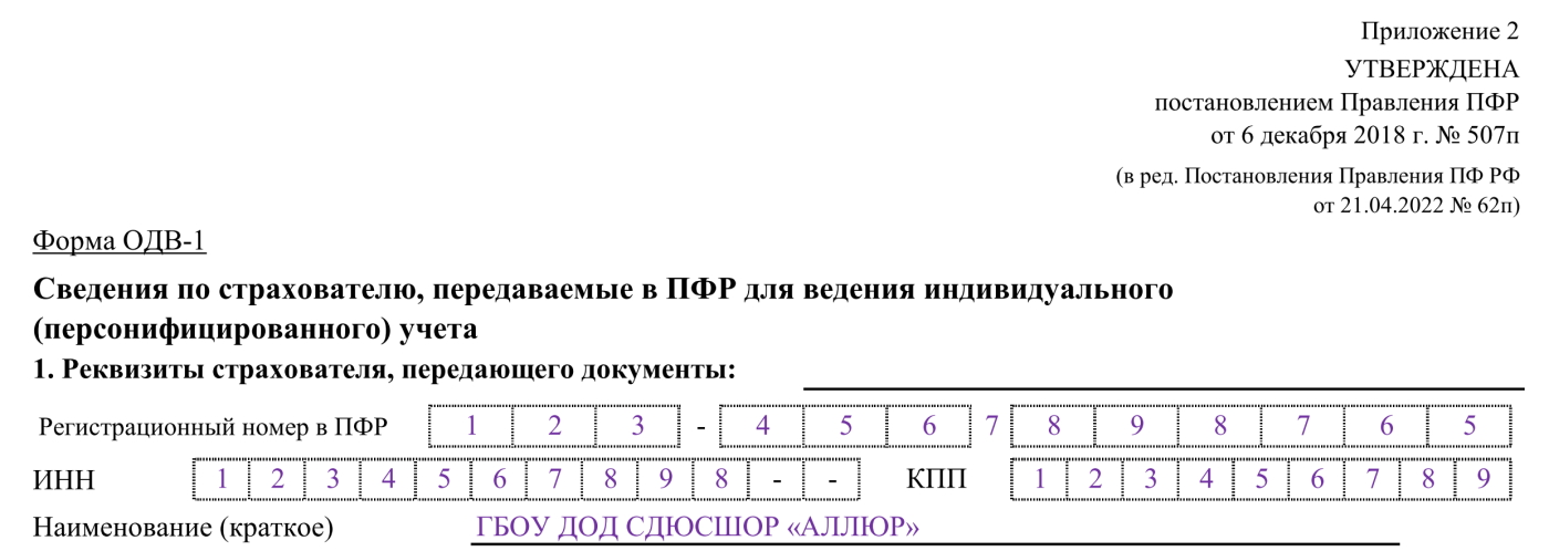 Пример заполнения формы ОДВ-1 за 2022 год