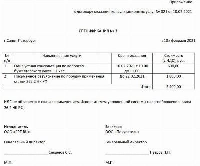 Спецификация без ндс к договору поставки образец