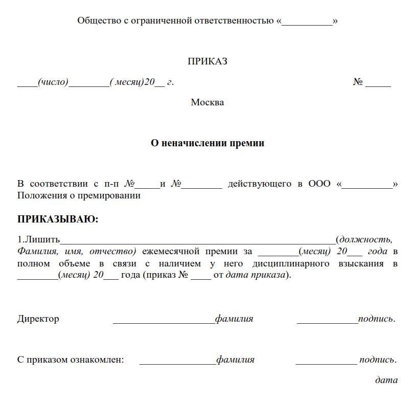 Приказ о неначислении заработной платы директору в связи с отсутствием деятельности образец