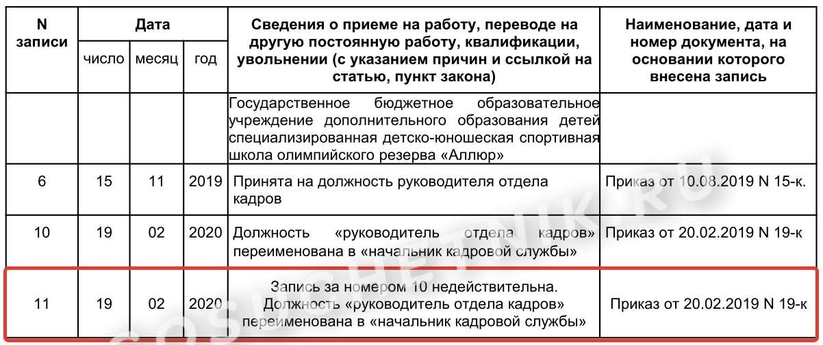Пример исправления ошибки в трудовой книжке