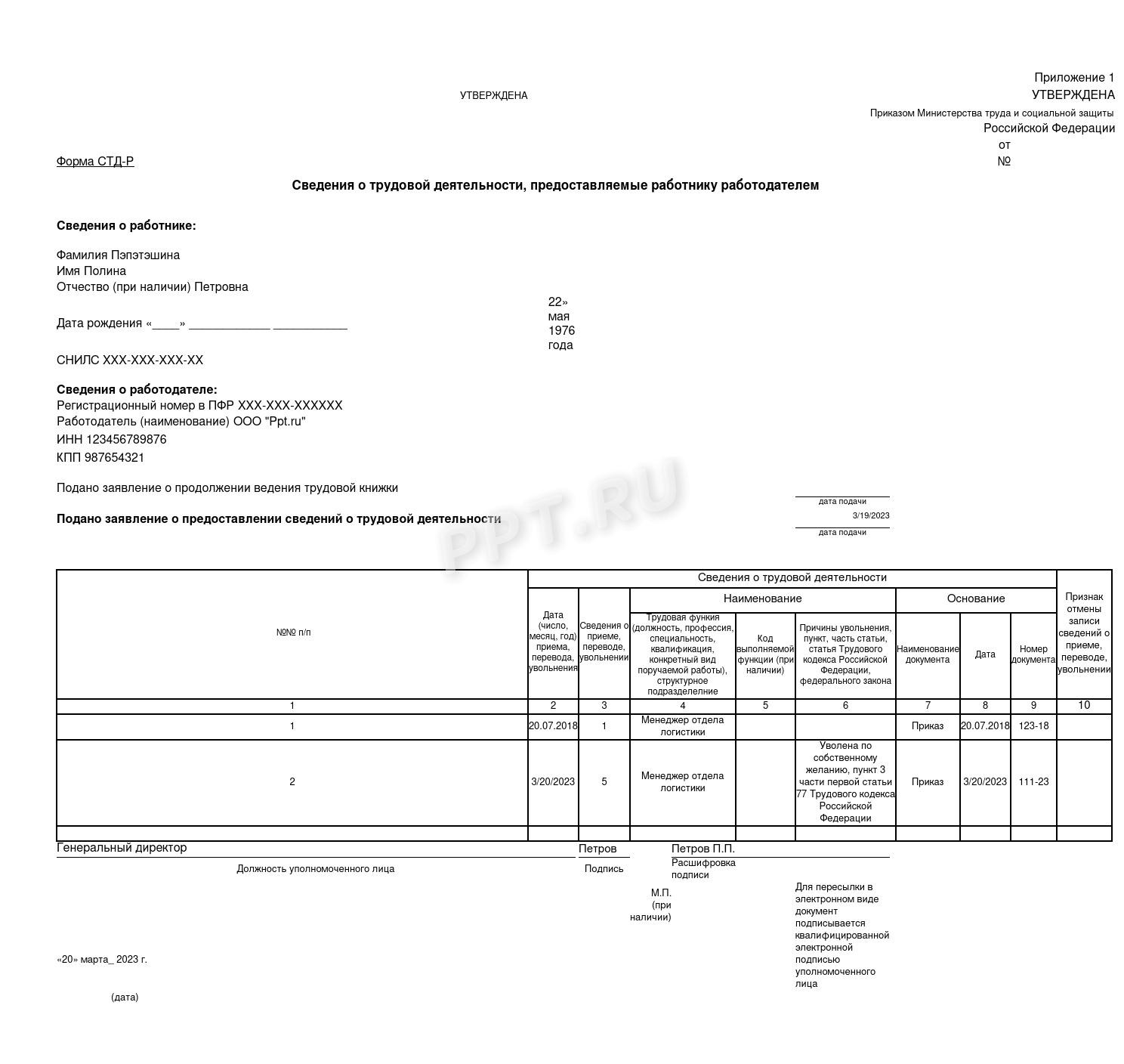 Стд пфр сведения о трудовой деятельности образец