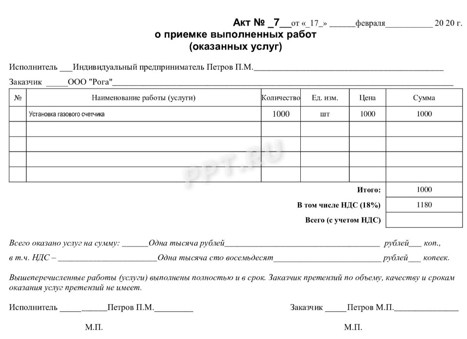 Форма акта выполненных работ по договору об оказании услуг образец