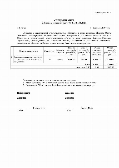 Спецификация к договору оказания услуг образец