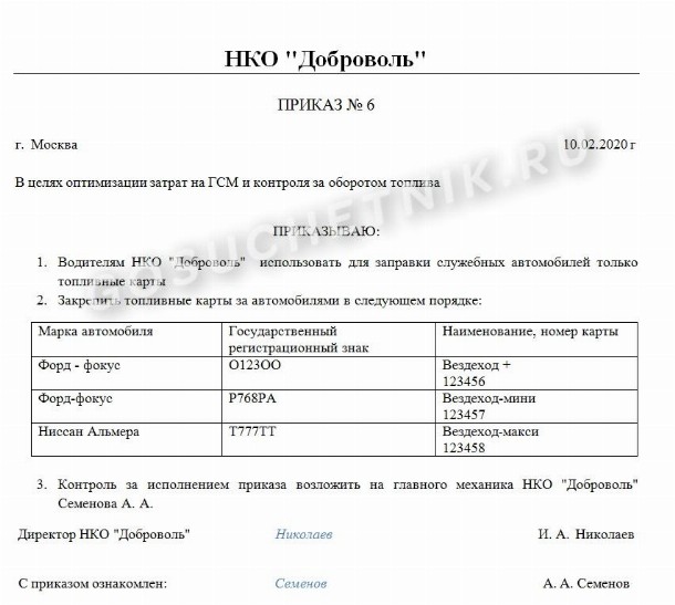 Образец приказа об использовании топливных карт сотрудниками в 2024 году