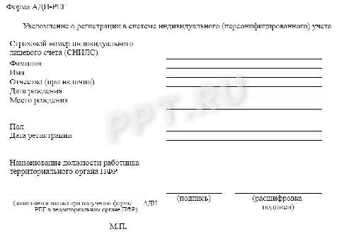 Документ подтверждающий регистрацию в системе индивидуального персонифицированного учета образец