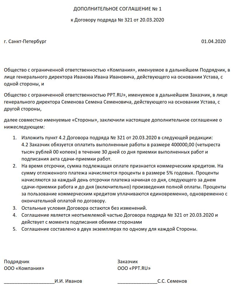 Образец дополнительного соглашения об отсрочке платежа в 2024 году