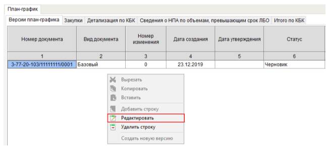 Редактирование статуса плана-графика Редактирование статуса плана-графика