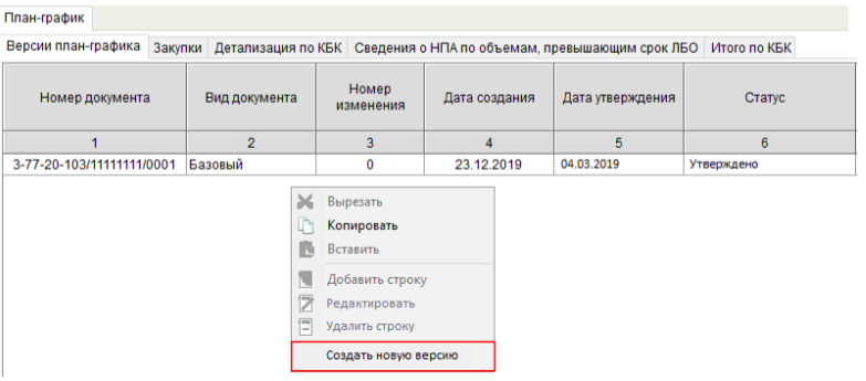 Создание новой версии плана-графика