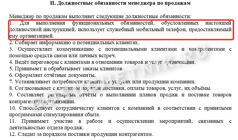 Образец должностной инструкции