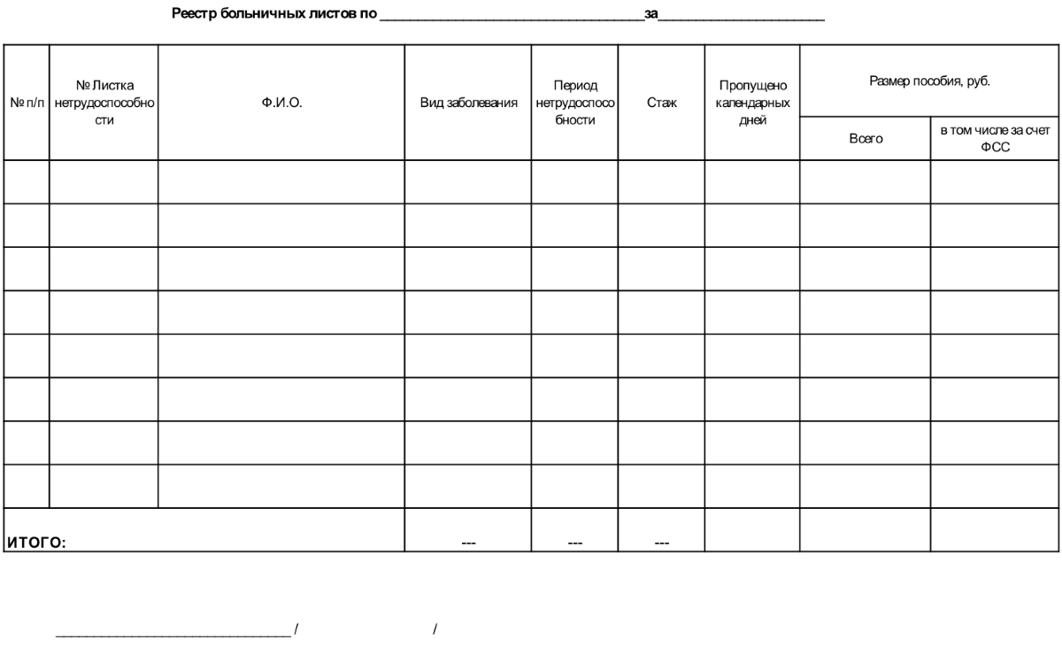 Образец реестра больничных листов в 2021 году