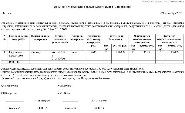 Отчет об израсходовании давальческих материалов образец