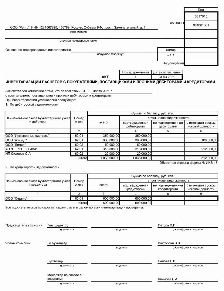 Приказ на списание кредиторской задолженности с истекшим сроком исковой давности образец