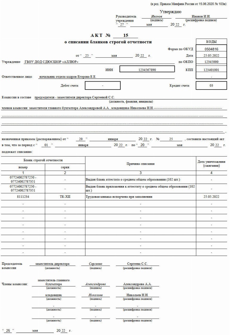 Списание бланков строгой отчетности в 2024 году. Образец приказа о ...