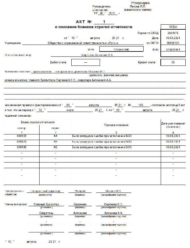Акт уничтожения испорченных бланков строгой отчетности образец заполнения