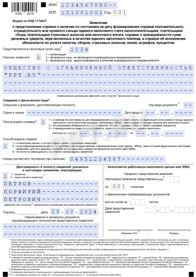 Образец заявления о представлении справки об исполнении обязанности о сальдо ЕНС