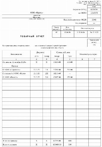 Товарный отчет образец