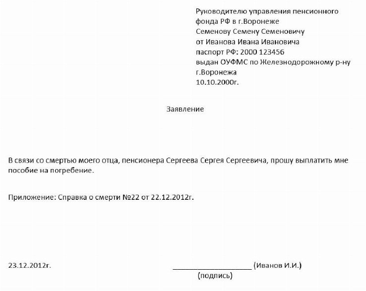 Образец заявления на получение пособия на погребение по месту работы умершего сотрудника