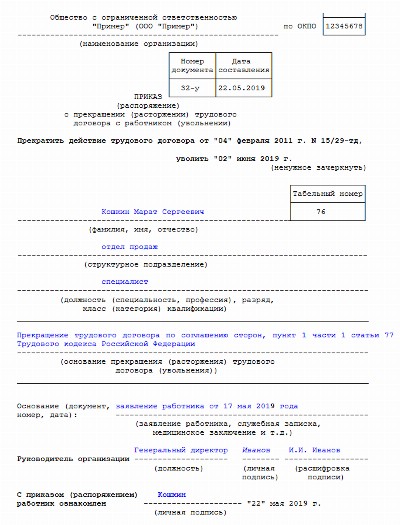 Образец соглашения при увольнении по соглашению сторон статья 77 пункт 1 часть 1