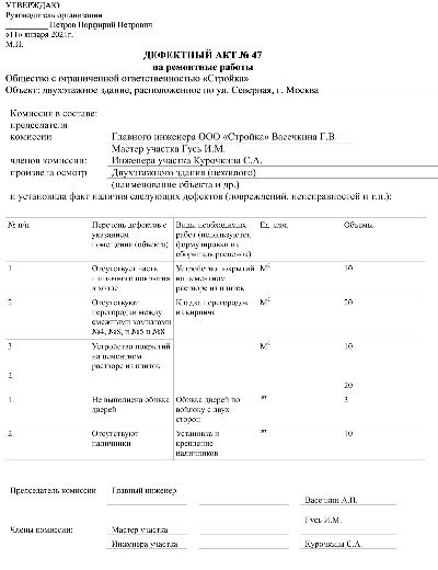 Образец заполнения дефектной ведомости на мебель