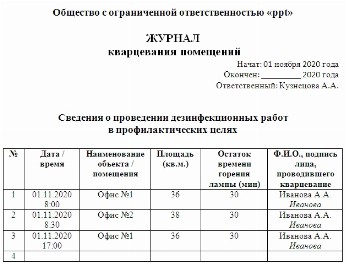 Журнал кварцевания образец