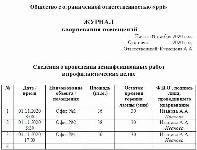 Журнал обработки помещений при коронавирусе образец