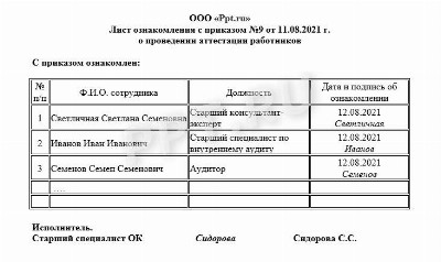 Бланк ознакомления с приказом под роспись образец