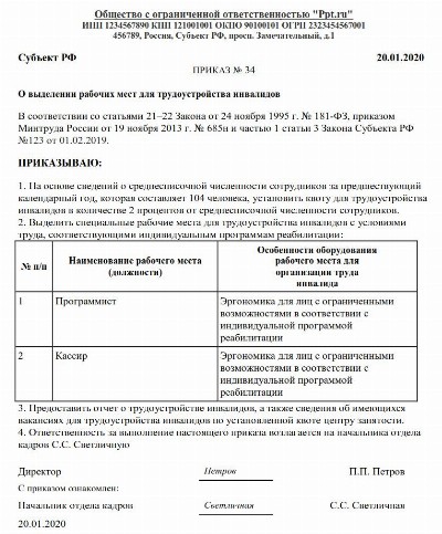 Приказ о квотировании рабочих мест для инвалидов в организации образец 2023