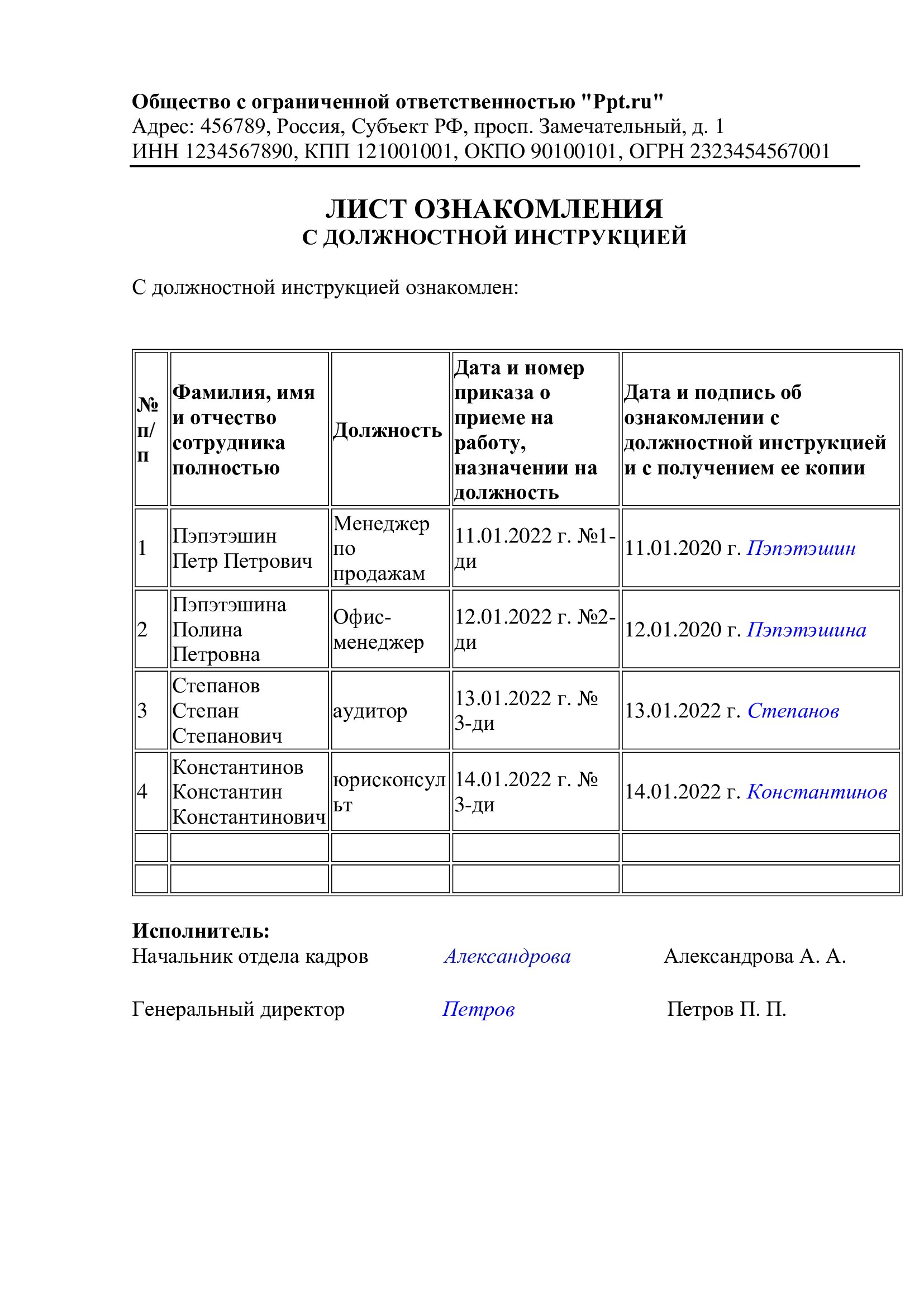 Образец листа ознакомления с должностной инструкцией в 2024 году