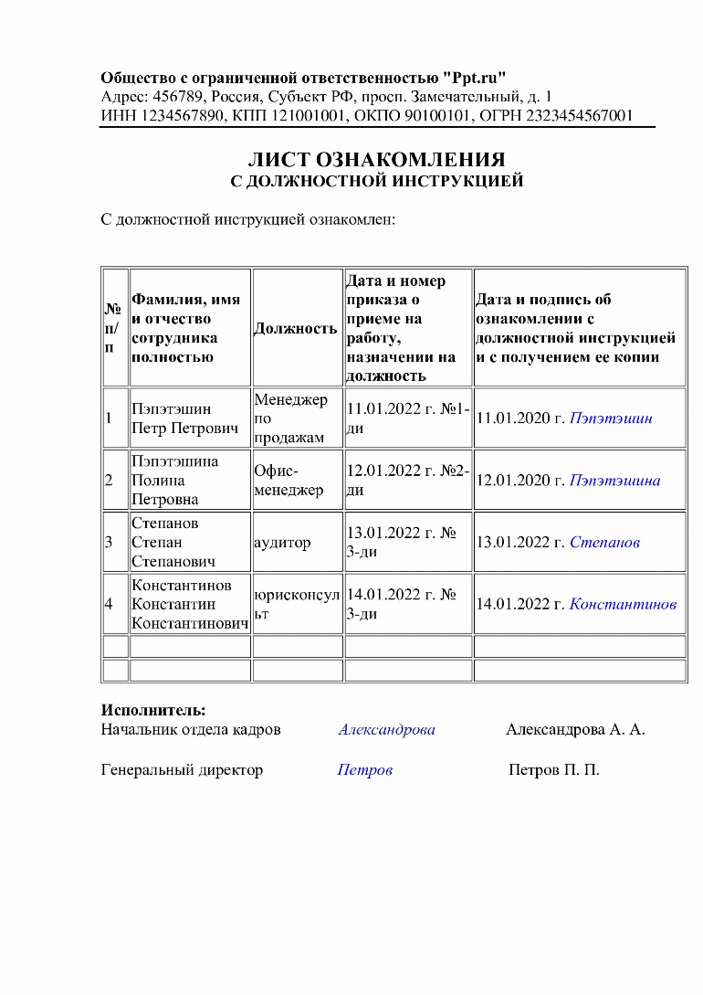 Лист ознакомления с пвтр образец