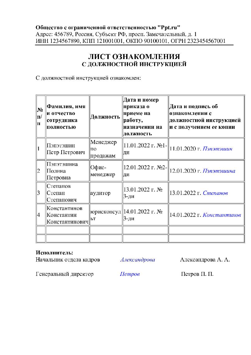 Журнал ознакомления с должностной инструкцией образец