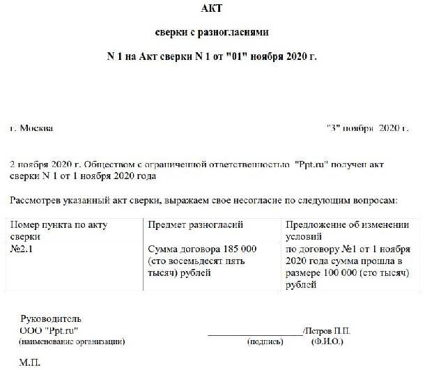 Протокол разногласий образец по акту сверки образец