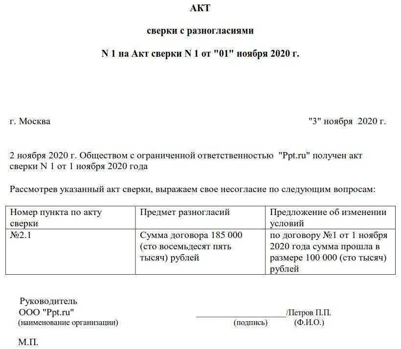 Как подписать акт проверки с разногласиями образец