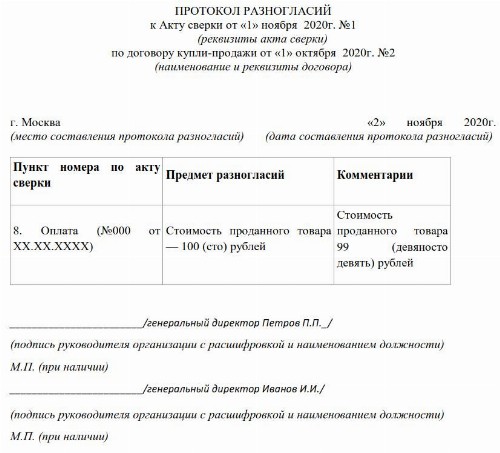 Как подписать акт сверки с разногласиями образец