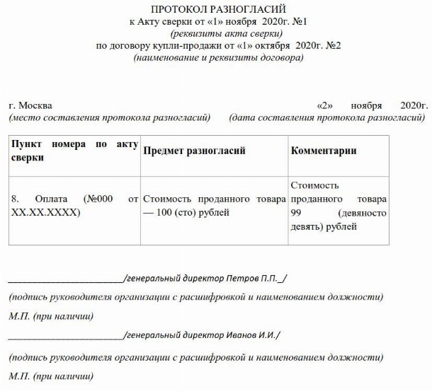 Как подписать акт сверки с разногласиями образец