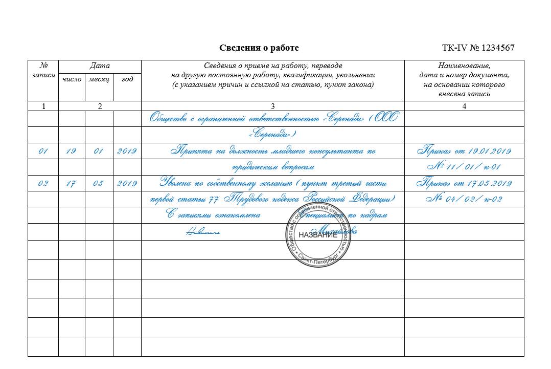 Прием на работу запись в трудовой книжке образец 2022